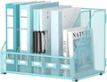 5 Vertical Compartments Magazine File Holder, Metal Binder Organizer, Blue | Space-Saving Desktop Storage, Built-In Label Holders, Anti-Slip Feet, Sized for Binders, Folders, Magazines and Files