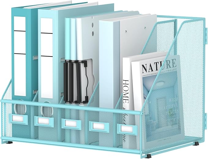 5 Vertical Compartments Magazine File Holder, Metal Binder Organizer, Blue | Space-Saving Desktop Storage, Built-In Label Holders, Anti-Slip Feet, Sized for Binders, Folders, Magazines and Files