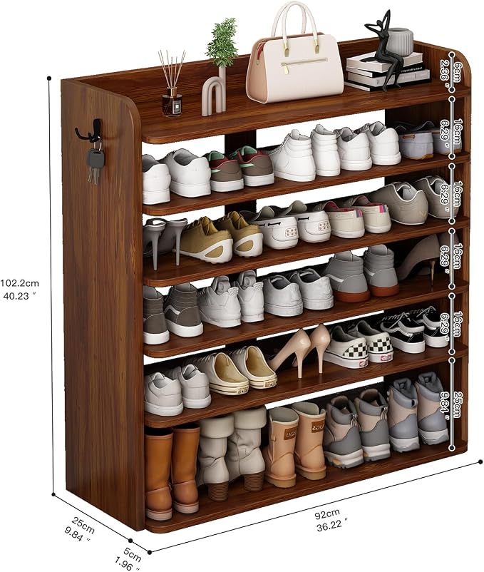 5 Tier Shoe Rack, Wooden Shoe Storage Cabinet, Large Capacity Tall Shoe Shelf Free Standing Shoe Rack Organizer for Closet Entryway Garage Bedroom, Brown