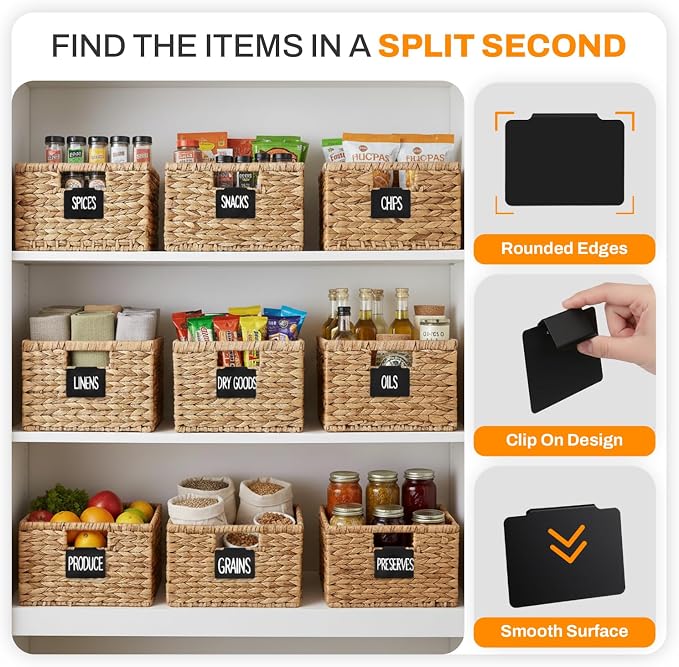 20 Pcs Basket Labels Clip on for Pantry Organization and Storage bin Labels with 2 Markers and 2 Wipe Cloths Reusable Chalk Basket Labels - Black Bin Labels Clip on Chalkboard Basket Tags