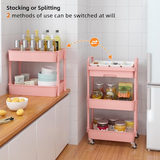 Calmootey 3-Tier Rolling Utility Cart with Drawer,Multifunctional Storage Organizer with Plastic Shelf & Metal Wheel,Storage Cart for Kitchen,Bathroom,Living Room,Office,Pink | Space-Saving Organizer, Sturdy Plastic Shelves, Smooth-Rolling Metal Wheels...