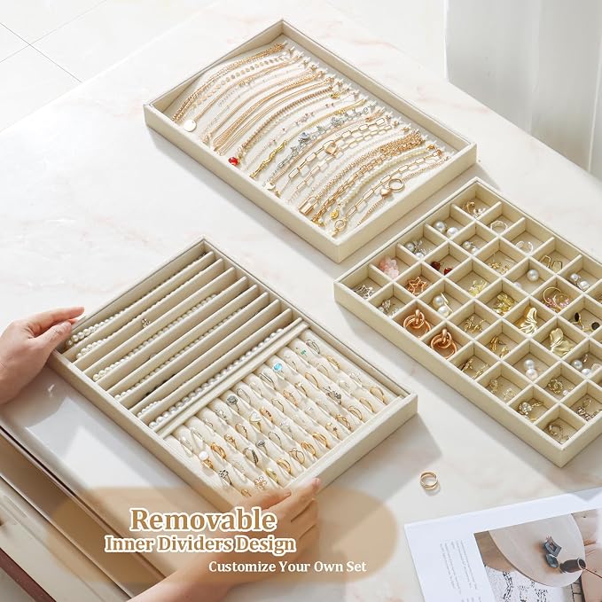Large Jewelry Organizer for Drawer Insert Velvet Stackable Jewelry Trays for Earring Necklace Bracelet Ring Display (Beige, Ring and 9 Grids)