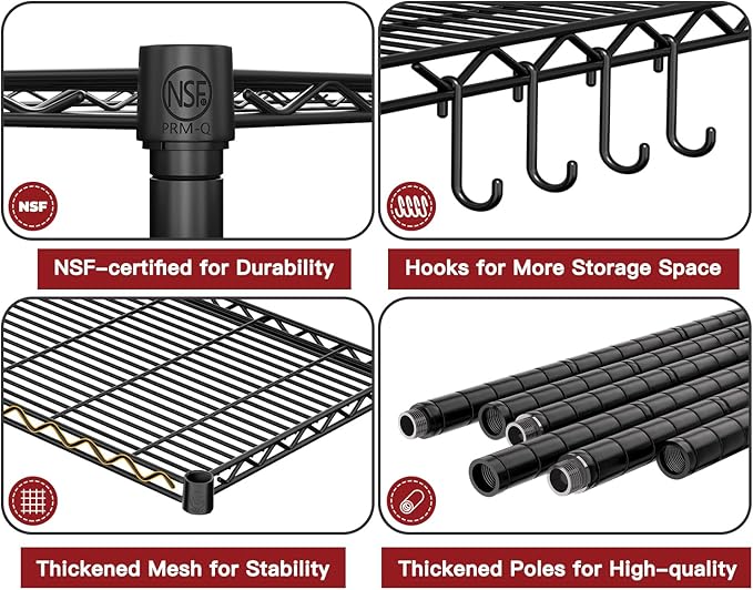 PrimeZone Wire Metal Storage Shelves - 5 Tier Adjustable NSF Certified Heavy Duty Garage Shelving Unit Organizer Rack, Steel Utility Shelf for Kitchen, Pantry, 35.5" W x 14" D x 72" H, Black, 3 Packs