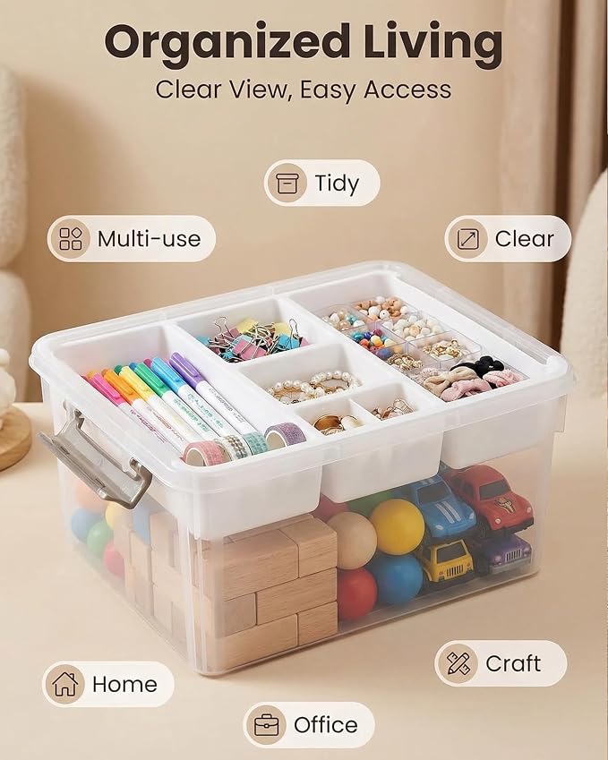 Clear Storage Box with Dividers, Plastic Organizer Box with Compartments and Secure Lid, Multi-Compartment Craft Organizer for Beads, Sewing Supplies, Jewelry, Toys and Small Parts Storage Container