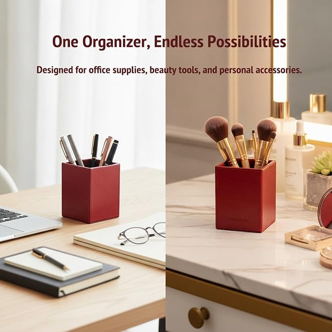 UnionBasic Square Pen Holder, Leather Pencil Cup, Desktop Caddy Stationery Organizer (Burgundy)