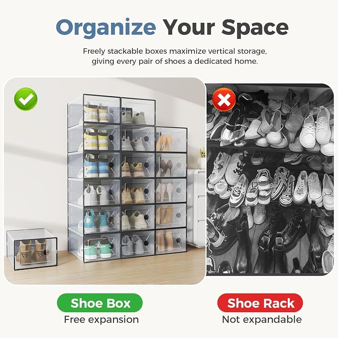 DUMOS Shoe Storage Boxes, 12-Pack Stackable Clear Shoe Containers with Lids, Display Sneaker Case Organizer for Closet, Under Bed, Entryway, Black, Fit Size 11