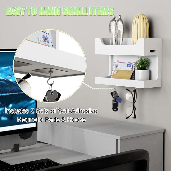 NiHome Bedside Wall Shelf, Wood Organizer, Magnetic Hooks, 2 Tier, White | Double Layer Tray For Dorm Bedroom, Cable Holes, No Drill Mount RV Wall Caddy, Holds Phone Glasses Remote Clock