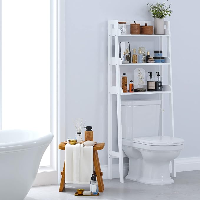 UTEX Over The Toilet Storage Shelf, 3-Tier Bathroom Organizer, White | FSC-Certified MDF, Open Ladder Design, Adjustable Lower Crossbar, Anti-tip Hardware, 33-Inch Clearance, Raised Side Guards
