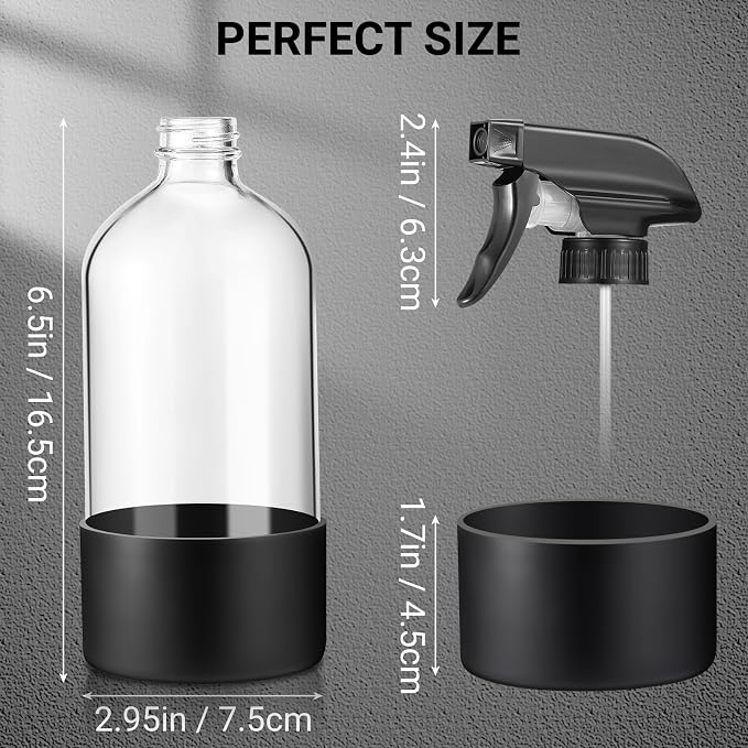 3 Pcs 16oz Empty Glass Spray Bottle with Black Silicone Sleeve Protection - Refillable Boston Round Containers with Adjustable Nozzle for Cleaning Solutions, Essential Oils, Misting Plants, Gardening