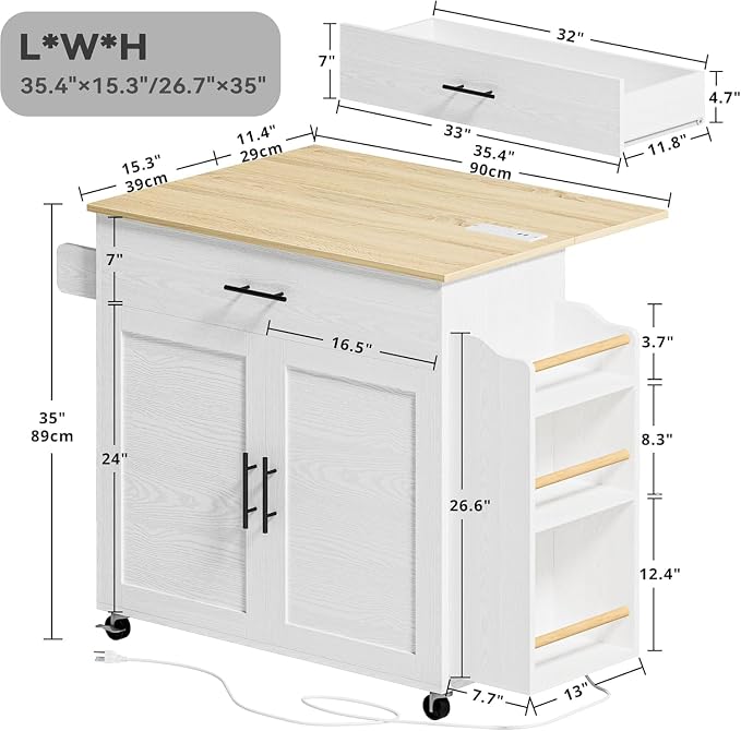 IRONCK Kitchen Island with Storage, Charging Station and Drop Leaf, White | Wheels, Drawers, Open Shelves, Drawer Storage, Everyday Home Use