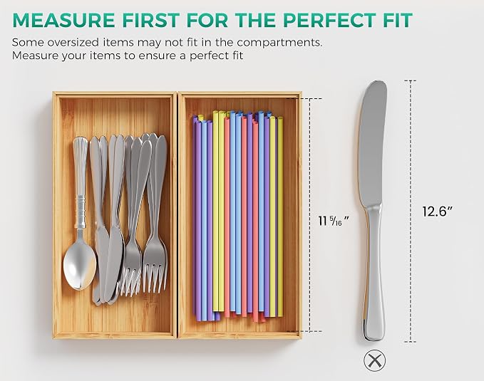 Bamboo Kitchen Drawer Organizer Boxes 12" x 6" Stackable Wooden Organizers | Set of 2 Wood Silverware Utensil Tray for Drawers Bins, Cutlery & Flatware Storage for Junk Drawer, Bathroom, RV
