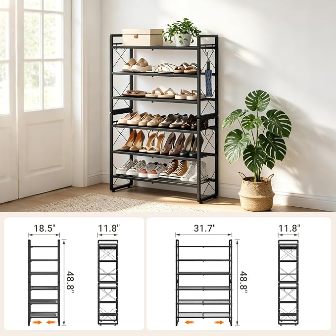 ELYKEN Shoe Rack, 6-Tier Expandable Shoe Organizer for Closet, Metal Black Shoe Shelf with 8 Hooks, Adjustable Shoe Stand Holder for Entryway, Garage, Door Entrance