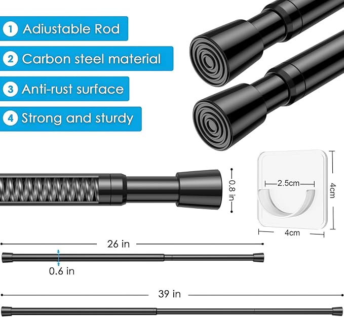 MEXAU 2Pack Tension Curtain Rod 26-39 inch Spring Tension Rod Black Curtain Rod Adjustable Spring Rod Extendable Tension Rod for Kitchen, Bathroom, Window, Bookshelf,Closet.