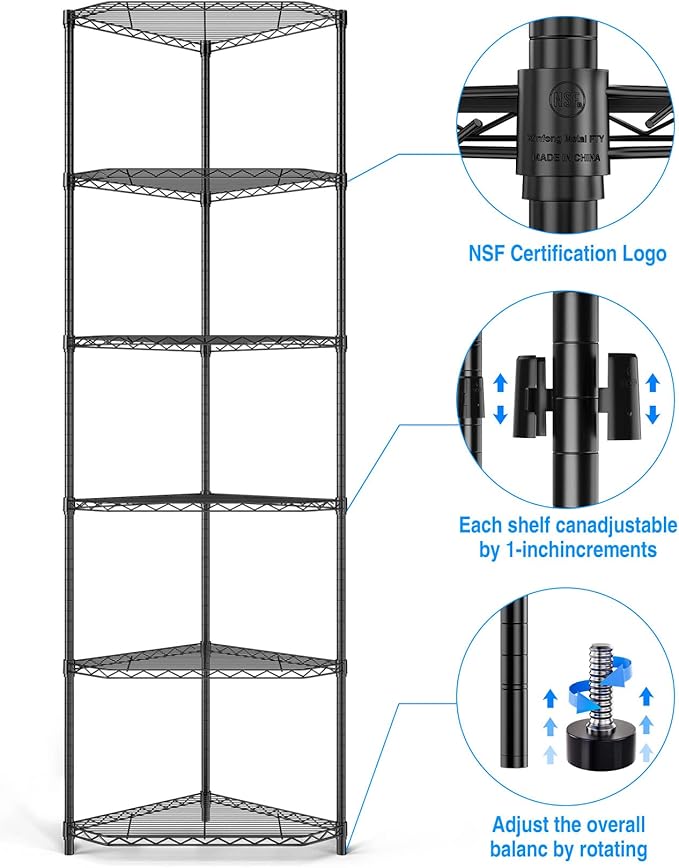 6 Tier NSF Metal Shelf Pentagonal Corner Wire Shelving Unit, 600lbs Capacity Heavy Duty Adjustable Storage Rack with Shelf Liners for Kitchen Garage Office Etc Room Corner, 72"H x 20"L x 20"D - Black