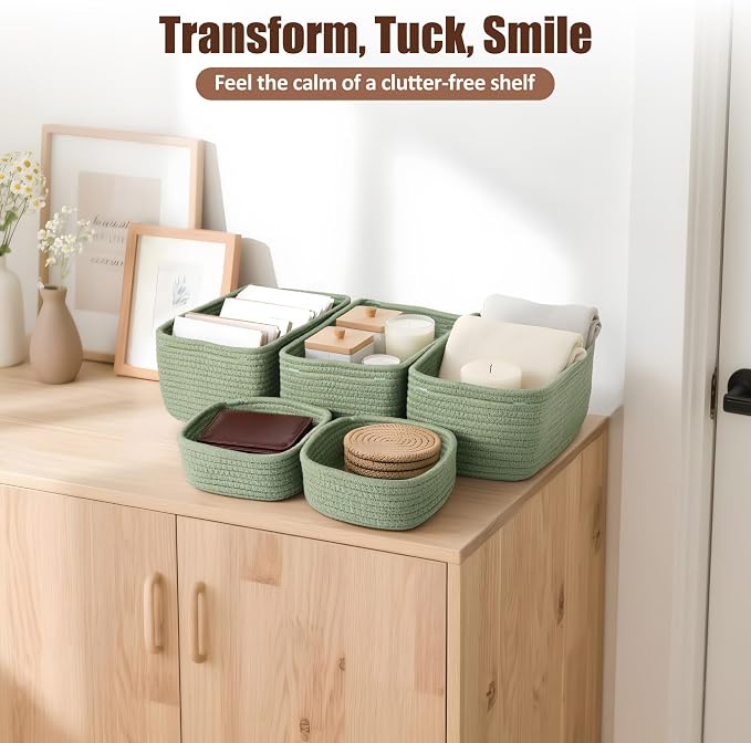 5-Pack Small Woven Rope Storage Baskets, 2 Sizes Organizer Bins | Fabric Cube Boxes and Rectangular Shallow Bins for Closet, Shelf, Bookshelf, Nursery, Changing Table, Bathroom, Toys & Home