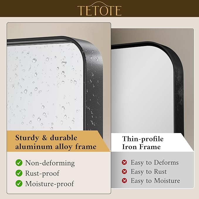 TETOTE Black Framed Bathroom Mirror, 24 x 30 Inch Matte Metal Frame Vanity Mirror, Modern Farmhouse Wall Mounted Rectangle Mirror (Horizontal/Vertical)
