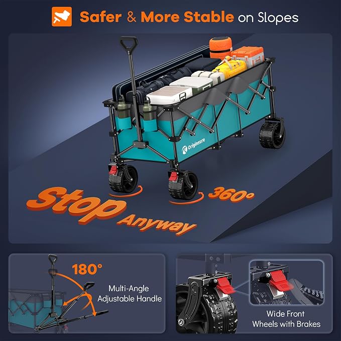Originsure 48" L Collapsible Wagon Cart Foldable, 560lbs Weight Capacity 300L Heavy Duty Folding Beach Wagons with Big All-Terrain Wheels, Utility Carts for Groceries, Camping, Sports - Grey&Turquoise