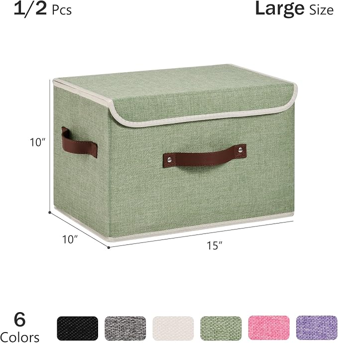 2PCS Storage Bins Box with Lids Decorative Cotton Linen Fabric Baskets Cubes with Handles PP Plastic Board Foldable Washable Clothing Shelf Closet Organizer Container (Light Green, Large)