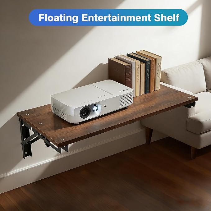 Folding Wall Desk for Small Space, 21.7Inches Wooden Floating Table | Foldable Shelf Wall Mounted for Office Living Room Bedroom, Media Projector Shelves with 2 Heavy-Duty Brackets Holds Up 80lbs