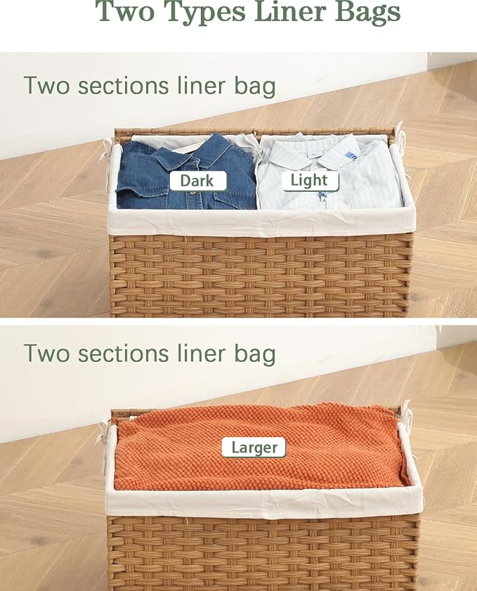 SETVSON Storage Basket with Lid Rattan Storage Basket with 2 Separate Lid, 27.8 Gallon (105 L) 25.2 * 15.4 * 16.1 Inches Woven Wicker Baskets with 2 Liners and Handles for Bedroom Laundry-Natural