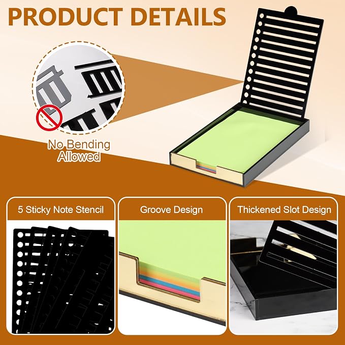 4" x 6" Sticky Notes Stencil and Holder Set with 5 Planner Stencils 100 Sheet Self-Stick Sticky Notes Black Acrylic Post It Note Stencil Holder Memo Organizer for Classroom Office Desk Organizer