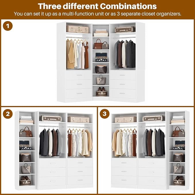 Besiost Closet System with 6 Drawers & 10 Shelves, Corner Closet Organizer System, Reversible Walk-in Closets, (L-Shaped 31.5" L * 31.5" W / I-Shaped 62.9" L * 15" W), Load 1500+LBS, White