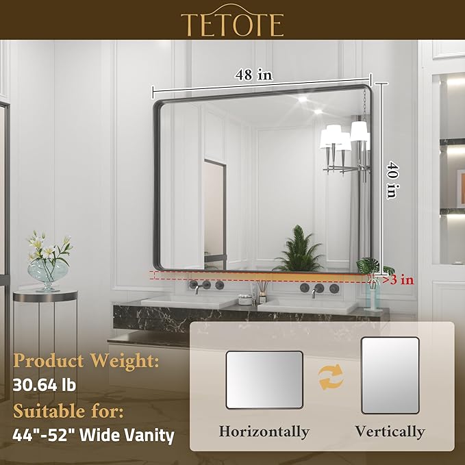 TETOTE 48 x 40 Inch Black Frame Mirror, Bathroom Vanity Mirror for Wall, Modern Rectangle Round Corner Matte Framed Mirror (Horizontal/Vertical)