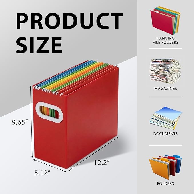 Hanging File Organizer Box, 3 Pack Red Cardboard File Folder Holder for Letter Size, Portable Desk Document Storage with Handles, for Office,Home,School
