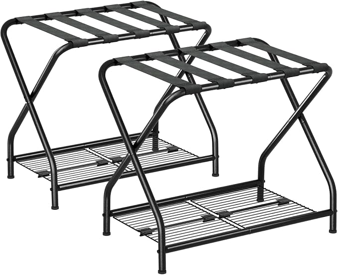 Set of 2 Foldable Black Luggage Rack Stands with Storage Shelves – Heavy Duty Metal Holders, 150 lbs Top, 50 lbs Bottom Each, Fits 20”-28” Luggage – Guest Room, Bedroom, Hotel LR-BK-2