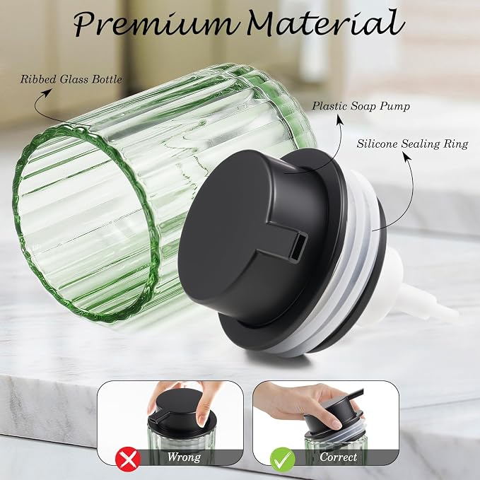 Amolliar Foaming Soap Dispenser, 8OZ Green Glass Soap Dispenser with Plastic Pump, Refillable Hand Soap Dispenser for Bathroom, Kitchen, Shower, Lotion, Dish Soap Dispenser, Home Decor, Black 1 Pack