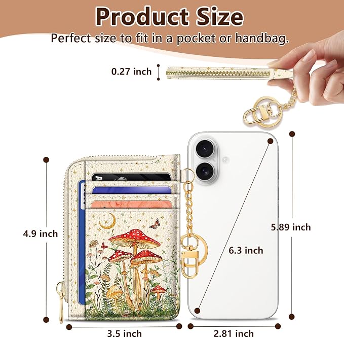 GIANCOMICS Slim Wallet Credit Card Holder Women, White Rfid Blocking Small Card Case, Keychain Thin Pocket Curved Zipper Wallet, Mushroom Travel Card Holder PU Leather ID Window, Ladies Female Gifts