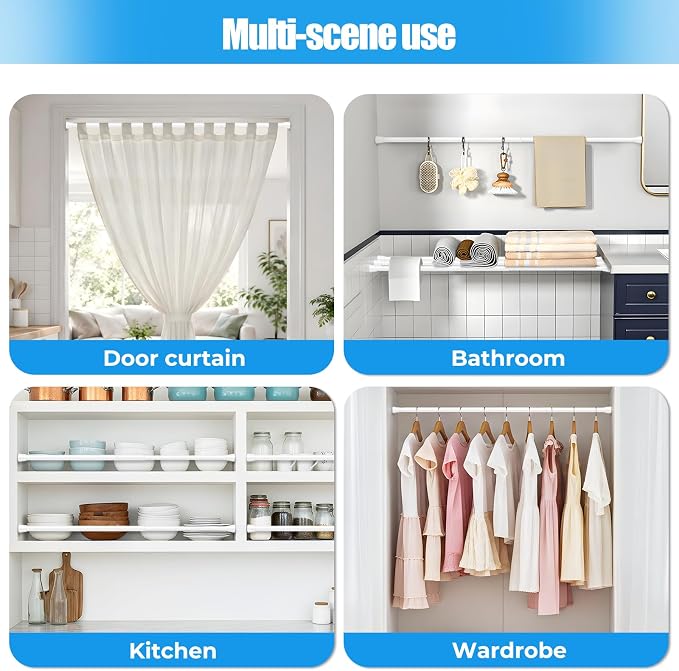 Spring Tension Curtain Rods 45-77 Inch White 1 Pack | No-drill & tool-free setup. Fits windows, kitchens, doorways. Rust-resistant, great for light curtains.