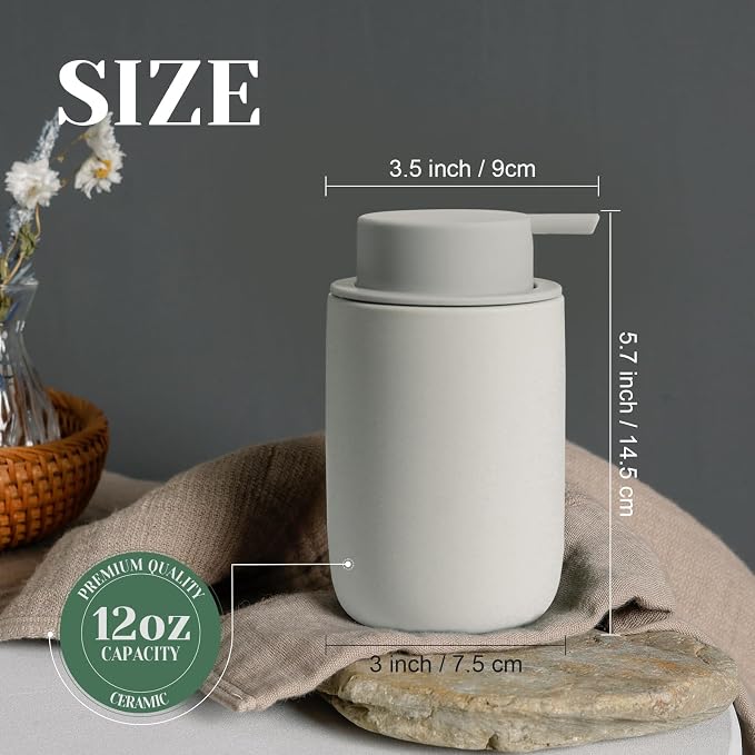 INGOFIN Ceramic Lotion Soap Dispenser Set, 2 Pack (12 oz) Bathroom Hand Soap Dispenser with Pump, Liquid Hand and Dish Soap Dispenser Set, 8 Pcs Clear Stickers,for Kitchen, Bathroom- Grey