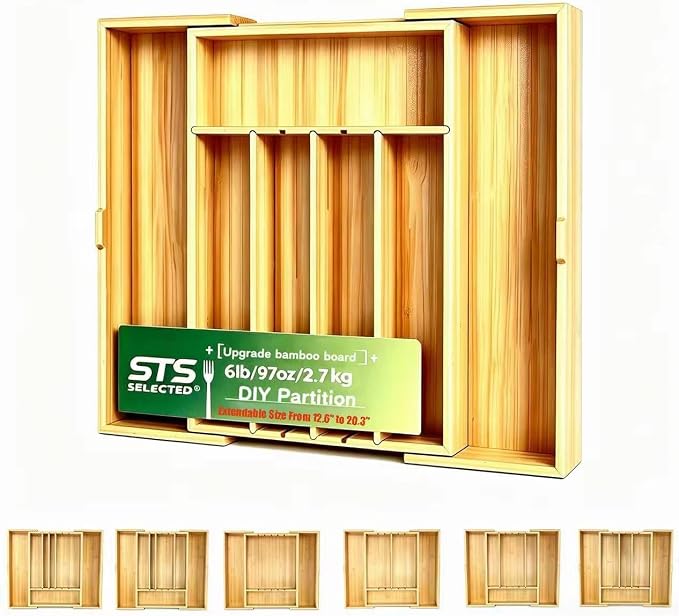 Expandable Silverware Organizer | Upgraded Bamboo Kitchen Drawer Organizer, 12.5"-21" Adjustable Utensil Tray