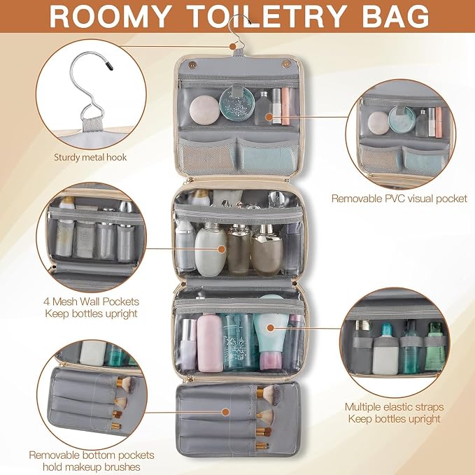 Elviros Hanging Travel Toiletry Bag for Women Vegan Leather (Beige) | 3-in-1 Waterproof Makeup Bag with Compartments for Skincare, Toiletries, Accessories, and Travel Essentials
