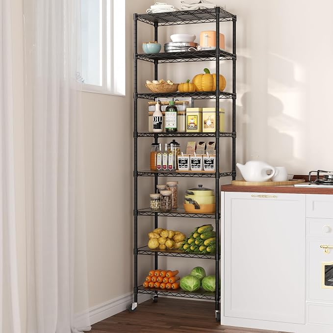 SINGAYE 8 Shelves Storage Wire Shelf Closet Metal Shelving Pantry Wheels | Shelf Bathroom Organizers Metal Kitchen Garage Shelving Unit Laundry Room Organization Home Rack Net Basket with Wheels