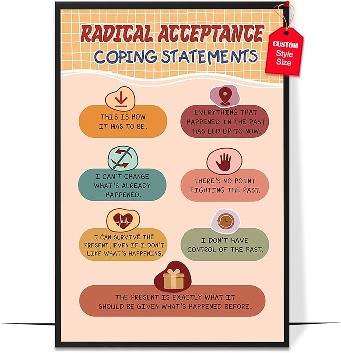 LOLUIS Mental Health Poster, Boho Therapy Tools Educational Supplies Art Print Classroom School Office Decor (Coping Statement Radical Acceptance, Custom Frame Type)