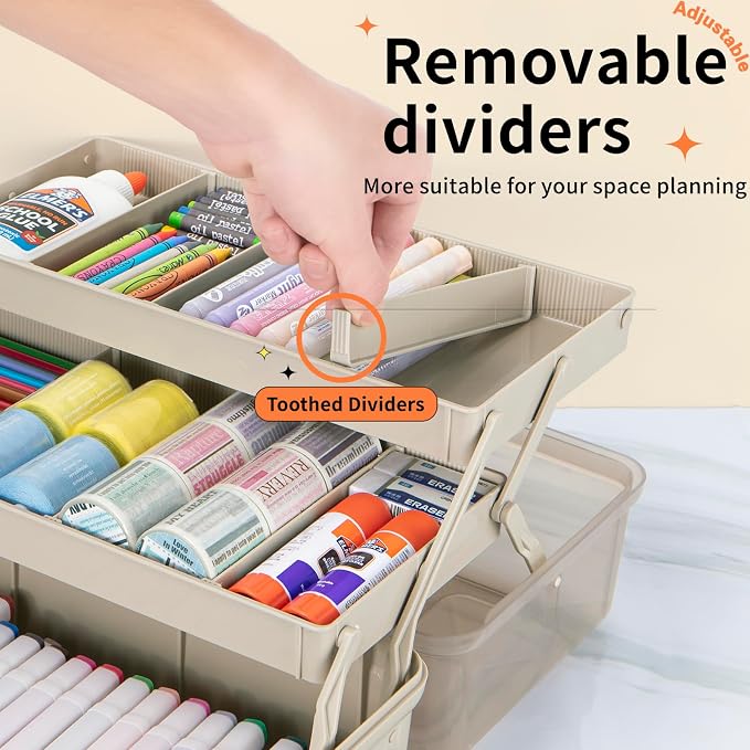 TERGOO 12.5in 3-Layer Multipurpose Craft Organizers and Storage with Adjustable Dividers, Portable Tackle Box, Folding Art & Craft Case for Medicine, Tool, Sewing Organizer (Brown)