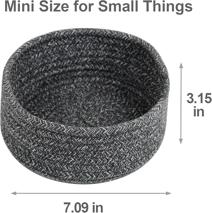 Small Basket, Set of 3 Small Woven Basket, Rope Baskets for Gifts, Cute Mini Tiny Baskets for Organizing Decor Nursery, Decorative Boho Round Storage Basket Bathroom Organization Bin (Grey)