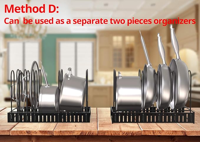 Vdomus Expandable Rack for Cabinets | Adjustable Black Pot Rack | 4 DIY Storage Positions | Holds up to 14 Pans, Pots, or Lids | Durable Iron Pot Stacker | Kitchen Organization | 8.5X 31x11.5