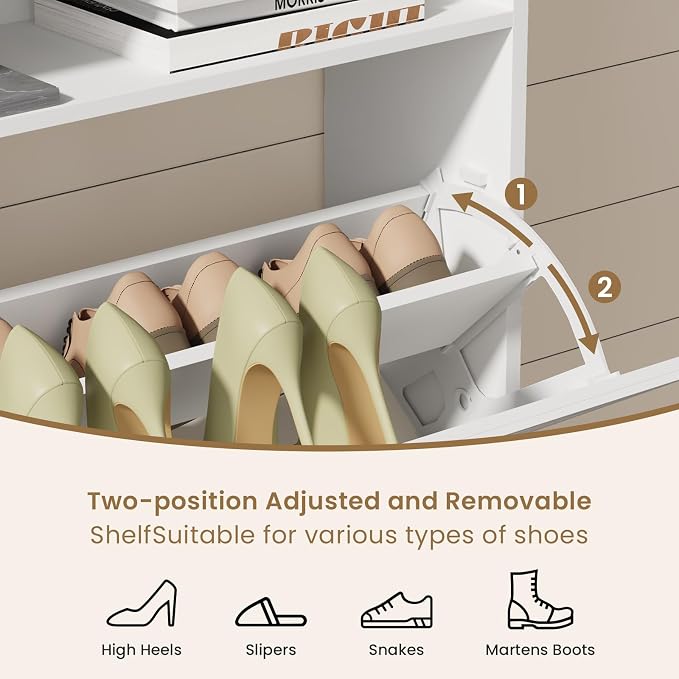 Shoe Cabinet with 2 Flip Drawers, Farmhouse Narrow Shoe Cabinet Organizer with 2 Adjustable Shelves & 2 Hooks, Shoe Rack for Entryway, Foyer, Hallway, White, 31.5" W x 8.7" D x 41.7" H