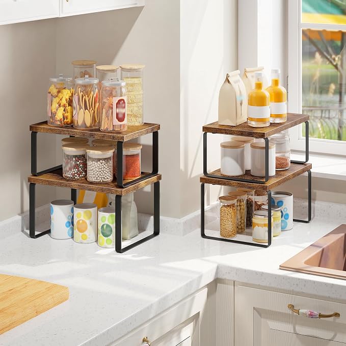 HOOBRO Cabinet Organizer Shelf, Set of 4, Kitchen Countertop Organizer, Kitchen Countertop Shelf, Spice Rack for Counter, Stackable, Expandable for Cabinet, Kitchen, Rustic Brown and Black BF33TLP201
