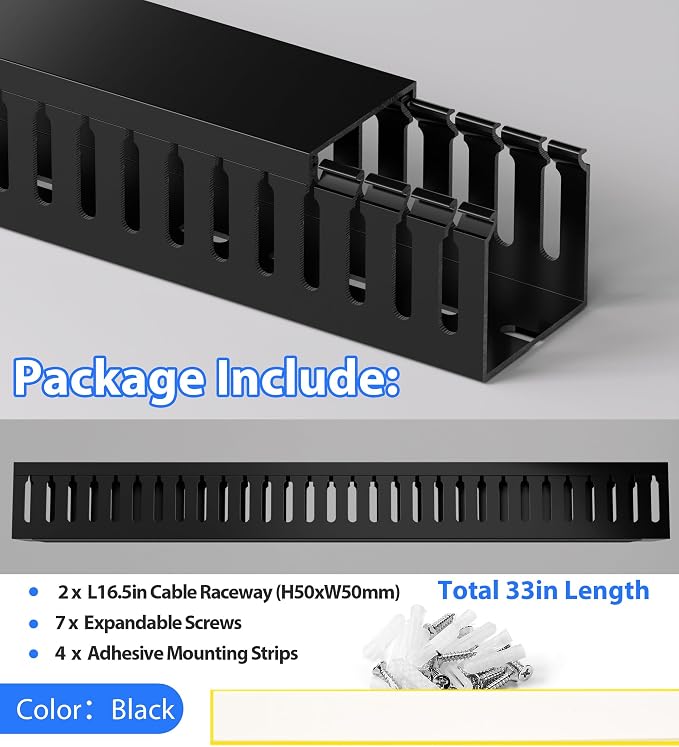 2" H x 2" W Cable Raceway, 33in Under Desk Wire Management Channel, Black | Slotted Wire Duct, 2Pack, 16.5in Each, Heavy-Duty PVC Cable Management for Server Racks, Network Cables & Electrical Cabinets