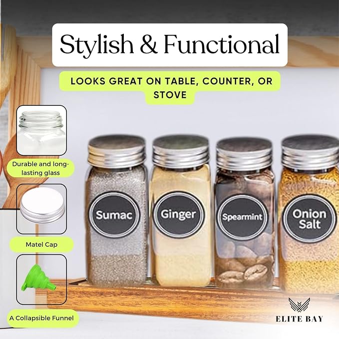 ELITE BAY-Spice Jar Rack Organizer with KEEP – 4-Tier Organizer with 28 Empty Bottles, 180 Waterproof Labels (55 Blanks) & Funnel| Space-Saving Spice Storage for Kitchen Counter or Cabinet.