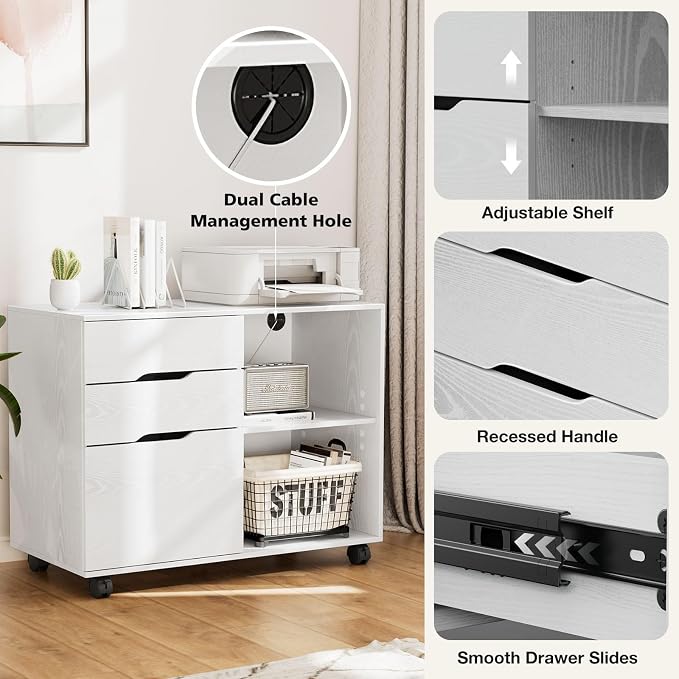 DUMOS File Cabinet with 3 Drawers, Wood Under Desk Storage Printer Stand | Rolling Lateral Filing Cabinet with Adjustable Shelves for Home Office Study Organizatiom, Classic White