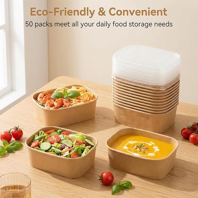 50 Pack Disposable Meal Prep Containers, 22oz Disposable Large Paper Bowls with Lids and Forks for Salad, Noodles, Freezer and Microwavable Storage Use Cardboard Food Containers