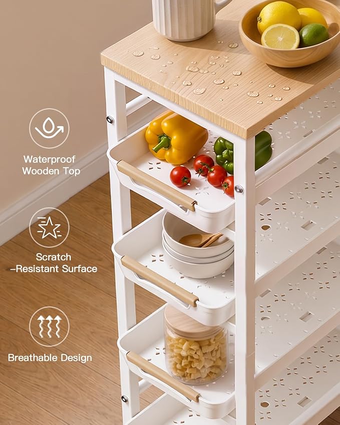 Pipishell Slim Rolling Storage Cart with Drawers & Lockable Wheels, 5 Tier Kitchen Cart with Safety Stops & Vented Design, Wood Top, Pull-Out Utility Cart for Kitchen, Bathroom, Laundry Room, White