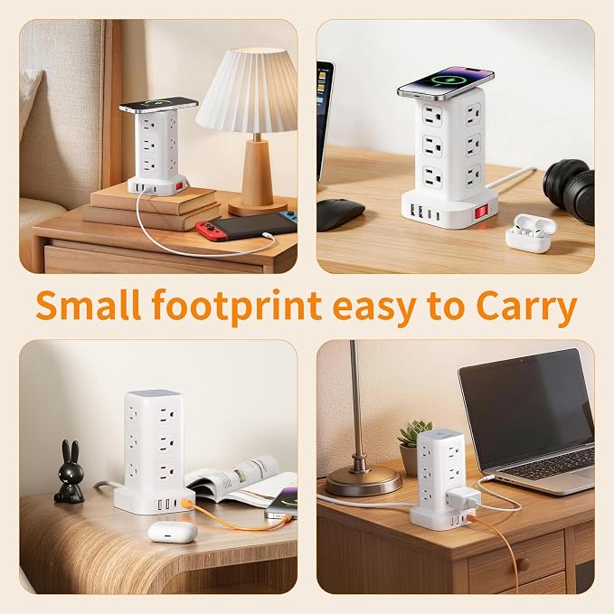 Extension Cord with Multiple Outlets, SMALLRT Surge Protector Power Strip Tower, Outlet Extender with 12 AC Outlets 4 USB, 6.5FT Extension Cord for Home Dorm Room, Office Supplies,Overload Protection