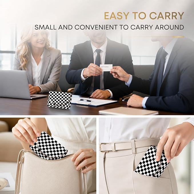 Business Card Holder，PU Leather Business Card Case Wallet Checkered | Pocket Travel Name Card Case for Men and Women Gift，Portable Magnetic Business Card Carrier for Purse
