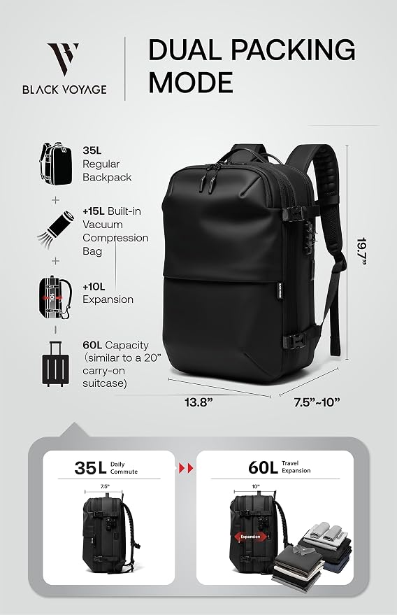 BlackVoyage Vortex Vacuum Seal Travel Backpack 60L Expandable Air Compression System Water Resistant TSA Lock Carry-On